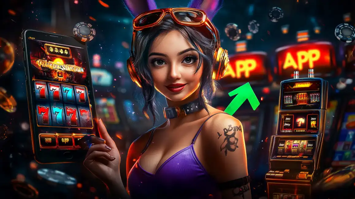 A happy woman with headphones and bunny ears points to a 777 jackpot win on the kkbd mobile casino app, with a green arrow indicating success and profit.