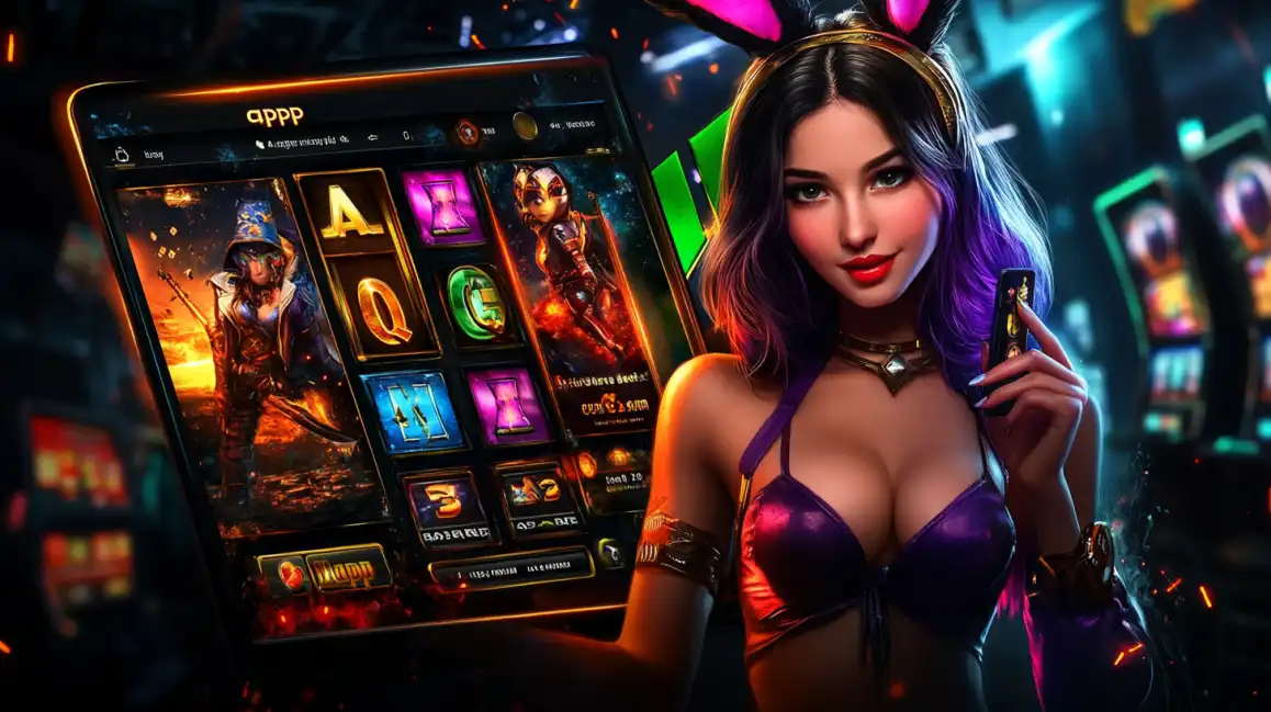 In a neon-lit casino, a woman with purple hair and bunny ears shows off a fantasy-themed slot game on the vibrant screen of the kkbd mobile gaming app.