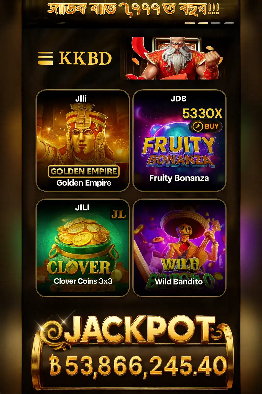 A promotional banner for the KKBD online casino, showcasing a massive jackpot of B53,866,245.40. Four popular slot games are displayed: Golden Empire, Fruity Bonanza, Clover Coins 3x3, and Wild Bandito, inviting players to try their luck.