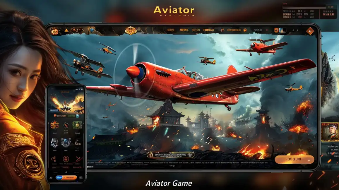 A woman presents the kkbd Aviator game interface on a tablet and smartphone, showcasing the thrilling red airplane flight before the crucial cash-out moment in the game.