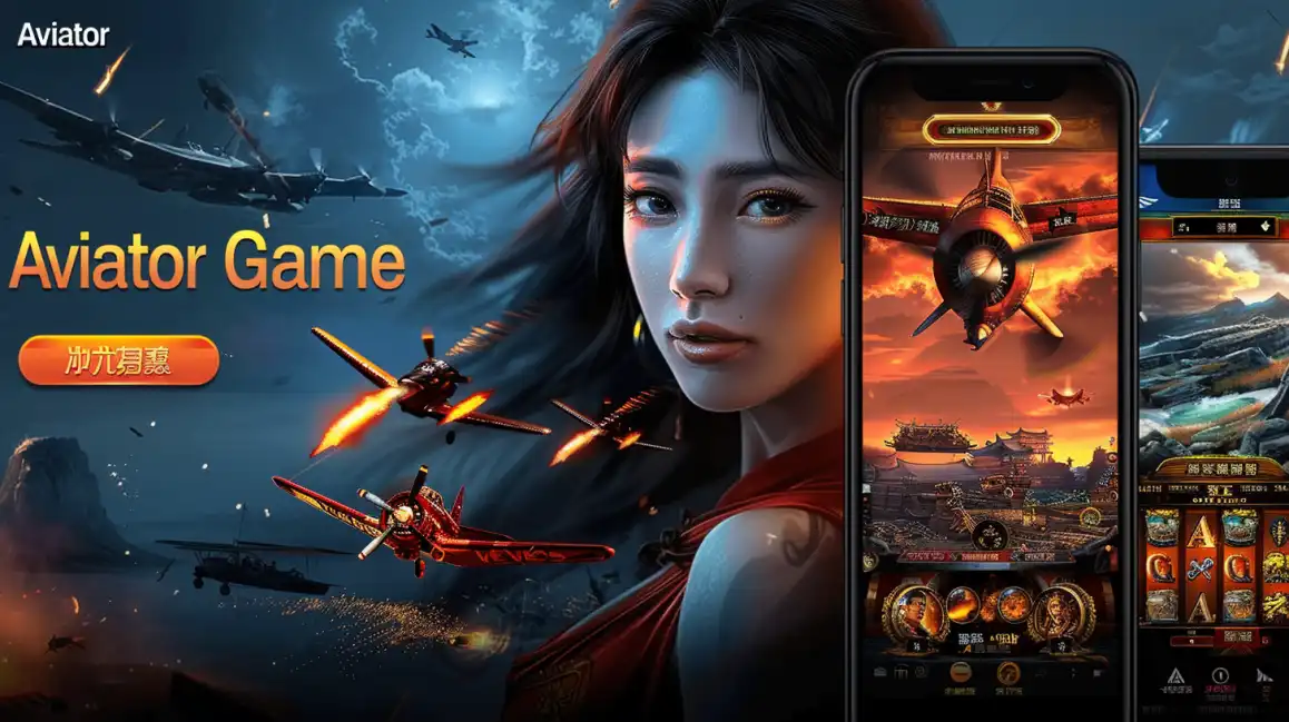 Promotional image for the Aviator Game on kkbd, featuring an elegant woman against a backdrop of aerial combat and a smartphone displaying the game's exciting app interface.