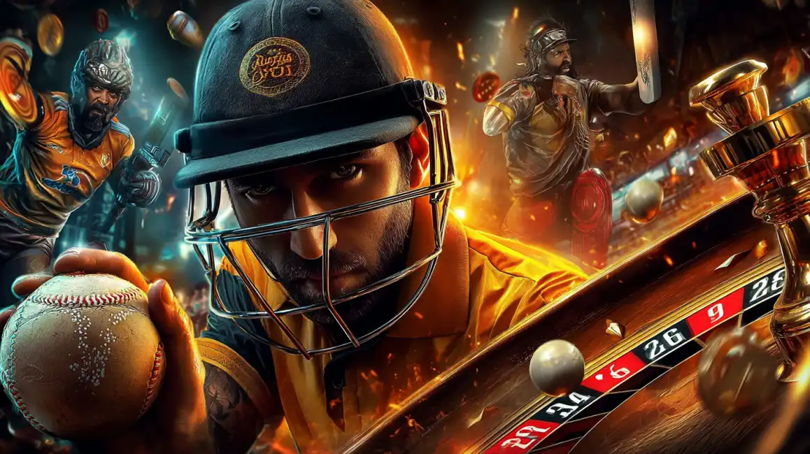 An intense cricket player in a helmet holds a ball in front of a spinning roulette wheel, creating a dynamic montage for sports betting and casino games on the kkbd platform.