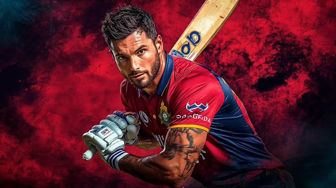 A determined cricket player with a tattoo on his arm holds a bat, ready to play, against a dramatic red background, representing the excitement of sports betting on kkbd.