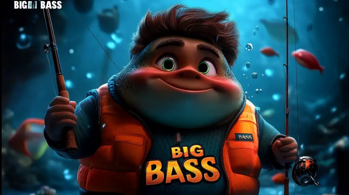 A cute, cartoon-style character in an orange life vest holds a fishing rod underwater, smiling excitedly in the kkbd fishing-themed slot game, Big Bass.