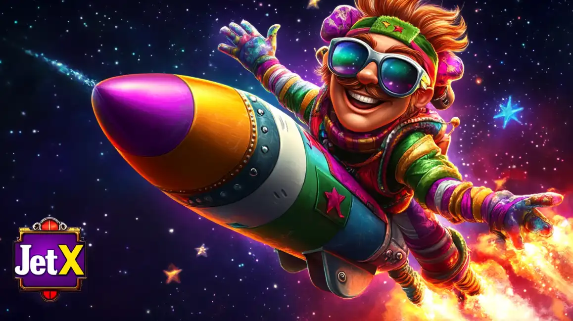 A cheerful character with a mustache and colorful sunglasses rides a rocket through outer space in the promotional art for the kkbd crash game, JetX.