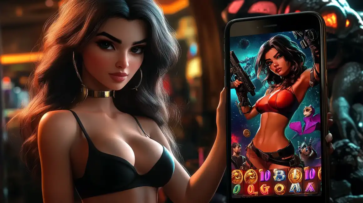 A woman presents a smartphone showcasing an action-packed adventure slot game on the kkbd app, which features a strong female character with a gun as the main theme.