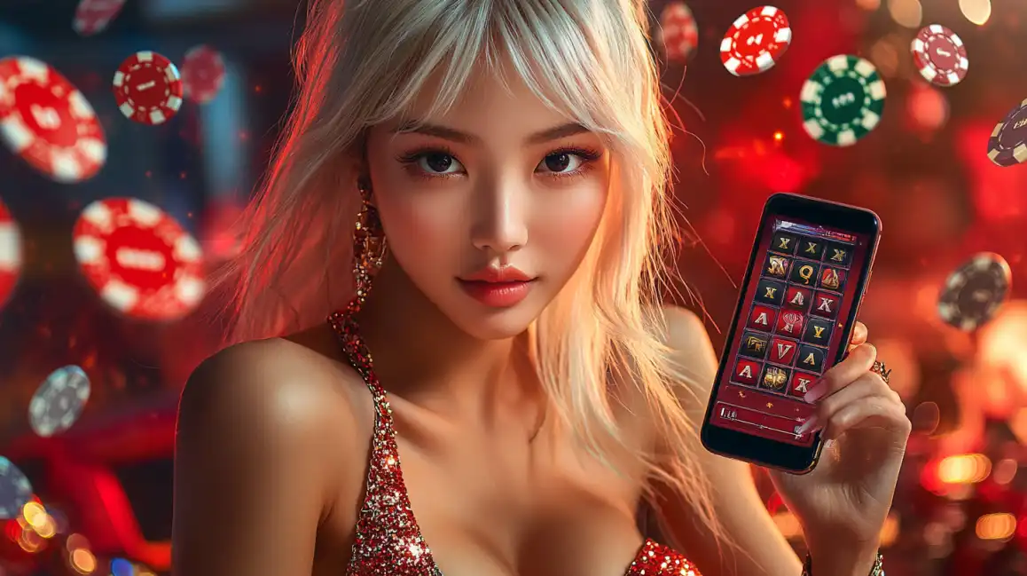 A glamorous blonde woman in a red casino environment holds a smartphone displaying a classic slot machine game available to play on the kkbd mobile casino platform.