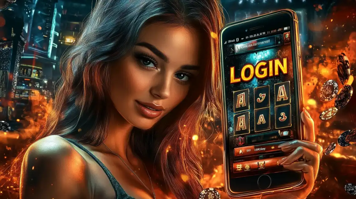 An attractive brunette woman holds a smartphone showing the login screen for the kkbd mobile casino app, which features a classic slot machine interface with glowing symbols.