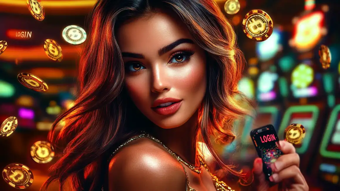 A glamorous woman is surrounded by floating Bitcoin-style coins in a casino setting, holding up a smartphone with the kkbd crypto casino login screen displayed.