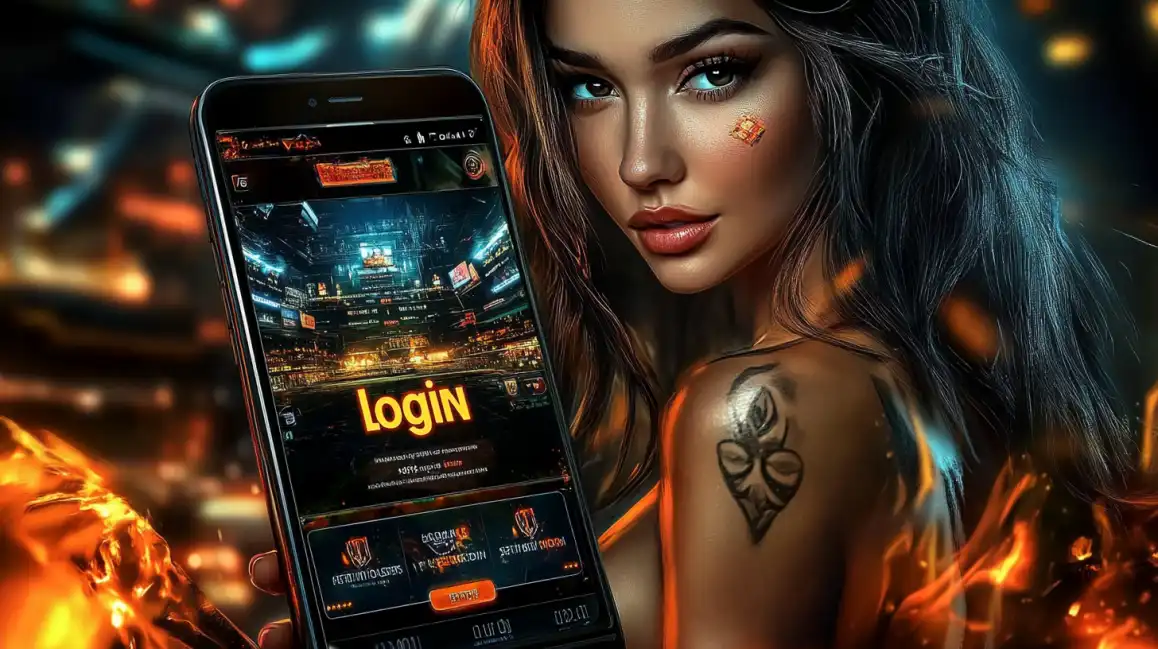 A woman with a stylish shoulder tattoo looks over her shoulder while presenting a phone with the kkbd gaming platform login page, set against a dark, fiery backdrop.