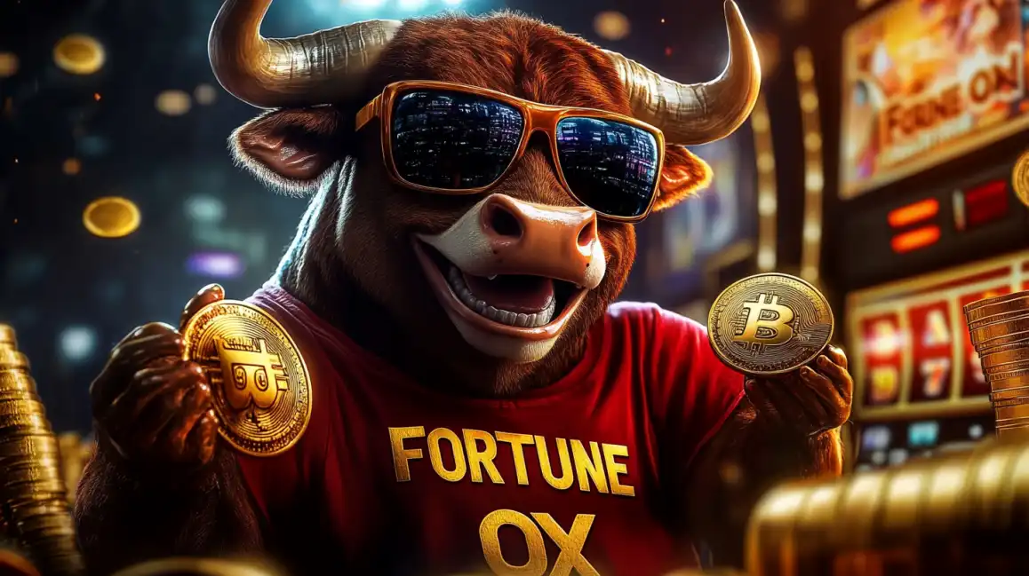 A cool cartoon bull wearing sunglasses holds two large Bitcoin coins in a casino, representing the crypto-friendly kkbd slot game, Fortune Ox.