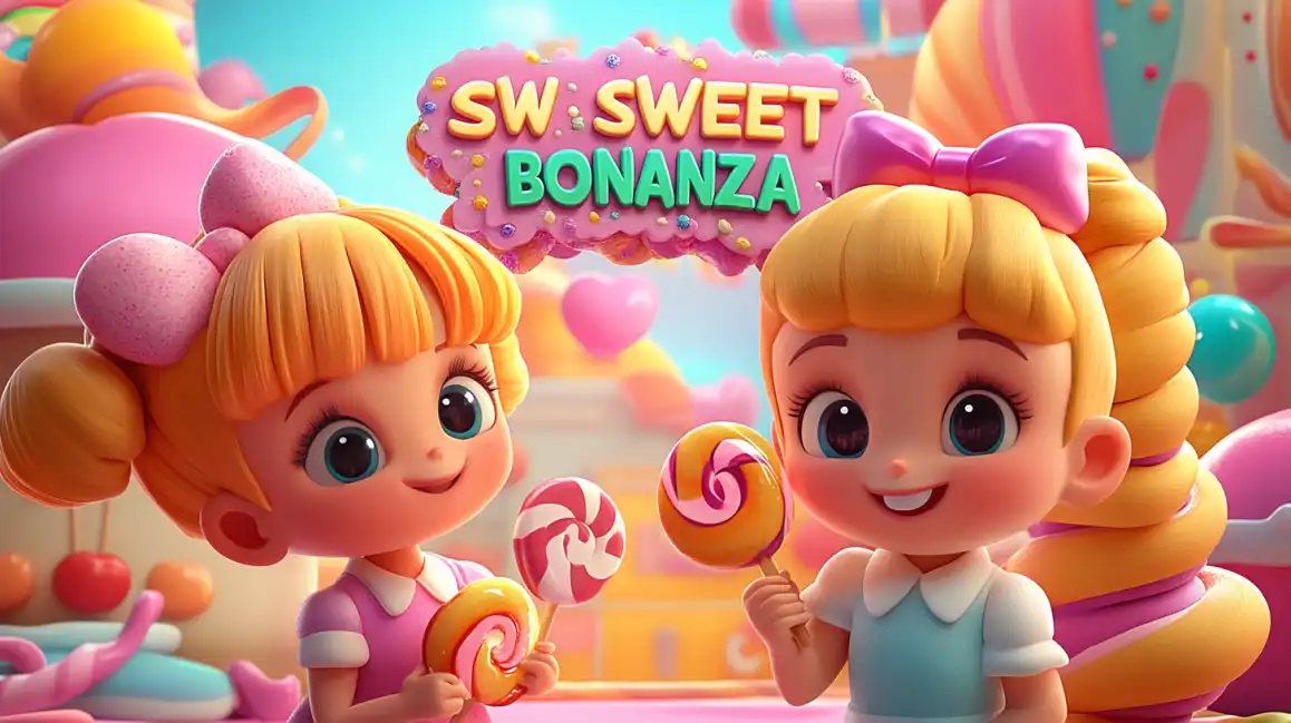 Two cute cartoon girls hold lollipops in a whimsical candy land under the Sweet Bonanza logo, a popular and colorful slot game featured on kkbd.